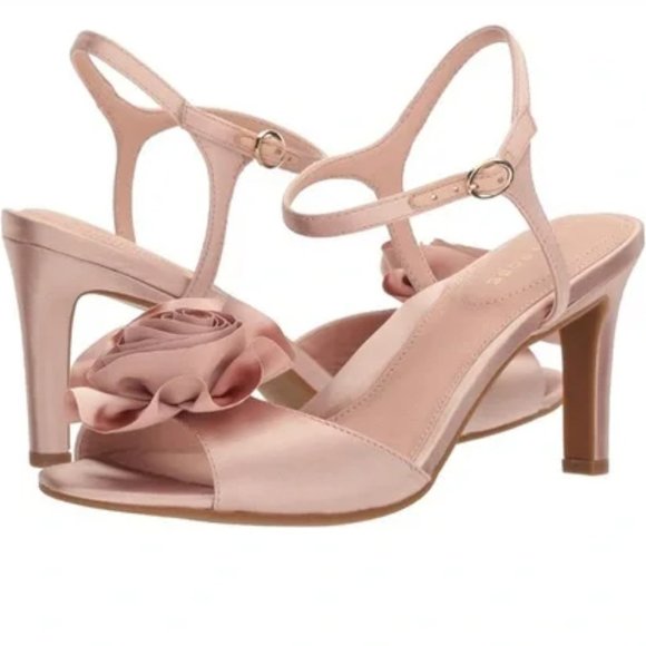 Jacklyn Crystal Satin Dress Sandals Blush Pink Nude Slingbacks with 3D Flowers - Picture 2 of 12